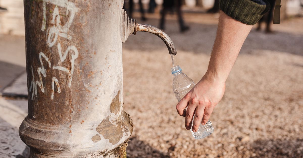 Persona llenando una botella con agua de un arroyo en la montaña